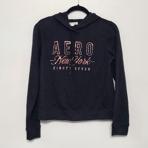Aeropostale Women’s Medium Black Hoodie Metallic Rose Gold Logo NWT Comfortcore